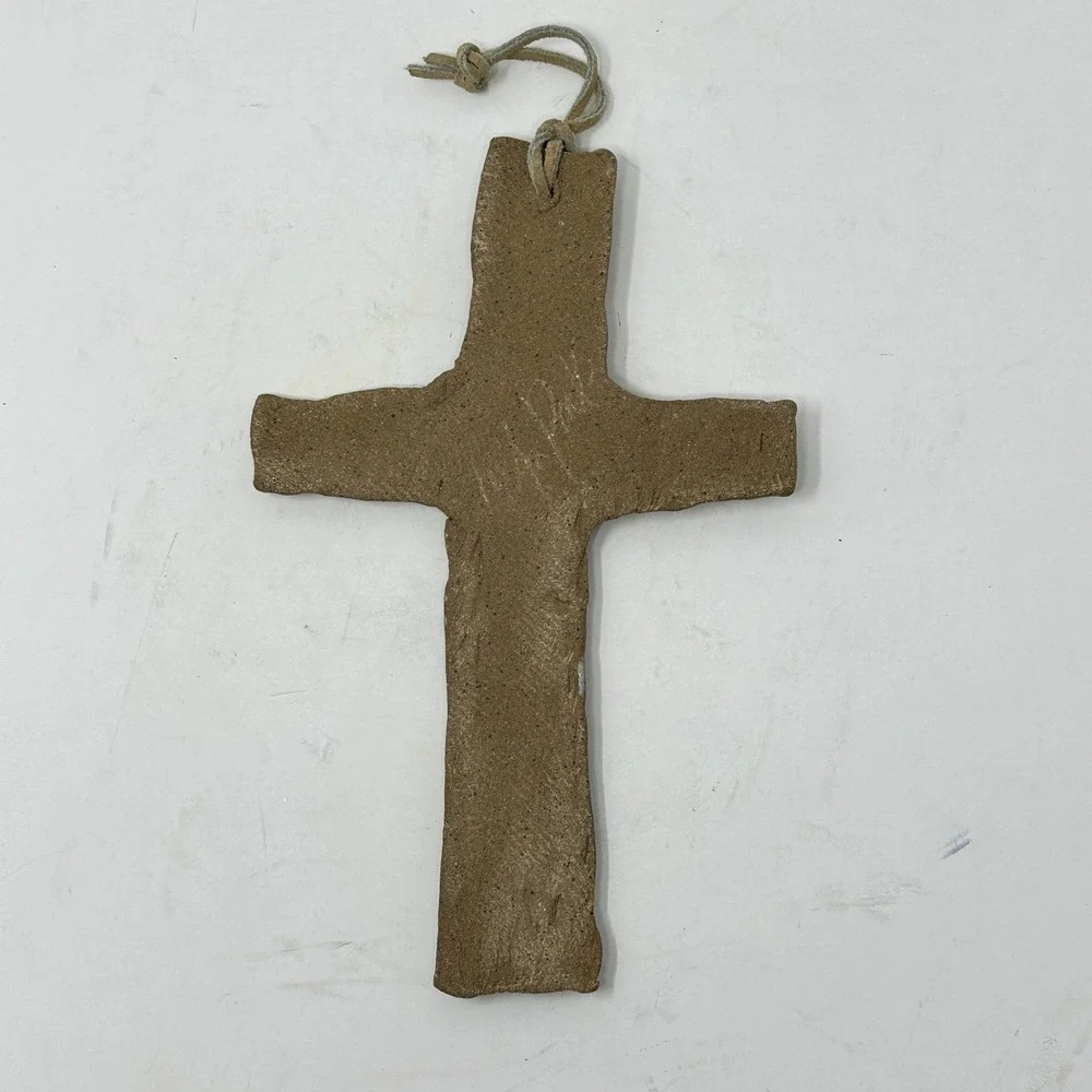 Artisan Studio Pottery Ceramic Wall Cross Melted Glass Geode Center Brown Teal